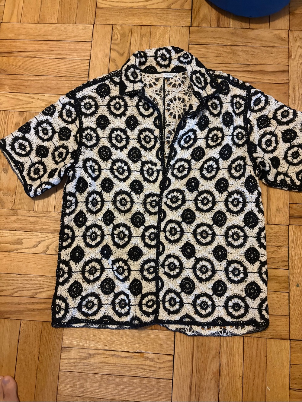 Zara Black & White Crochet Button-Down Shirt